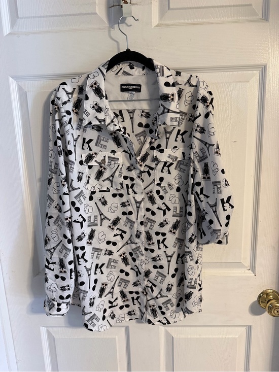 Karl Lagerfeld Tops - Karl Lagerfeld White Blouse with Black Icon Motif